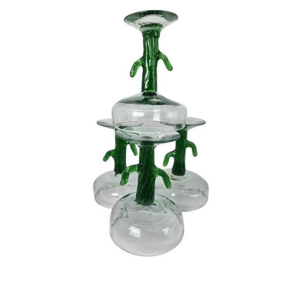 Set of 4 Margarita Glasses Hand Blown Clear Mexican Glass Green Cactus Stem - Picture 3 of 7